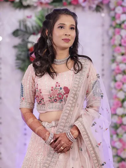 A repeat of the lovely pastel pink lehenga look, showing its versatility and charm.