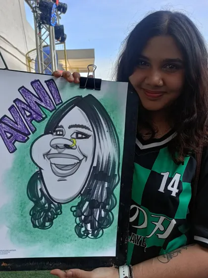 An anime fan with her caricature, complete with her name in bold, fun letters.