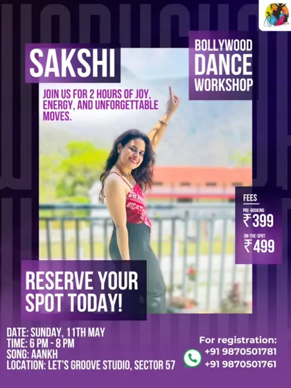 Unleash your inner Bollywood star with this workshop. This poster gives you all the info for our session with Sakshi, where you'll groove to the beats of 'Aankh' and experience two hours of fun.