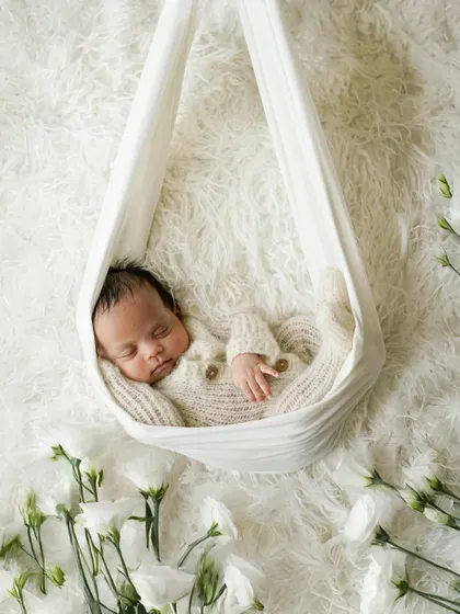So tiny, so peaceful, so loved. We use simple, soft props like this gentle fabric hammock to create serene and artistic newborn portraits that highlight your baby's delicate features and tranquil sleep.