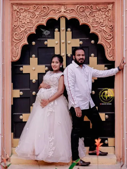 A sweet couple's maternity shoot. I provided this ethereal white gown, which beautifully complements the mother-to-be's glow. The groom is styled in a simple, clean look to keep the focus on her.