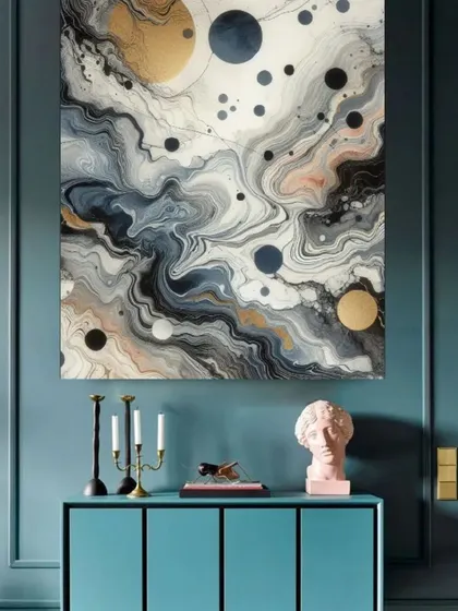 A series from our Zen Art collection, featuring abstract fluid designs that evoke a sense of cosmic flow and balance. These customizable paintings are perfect for creating a peaceful and modern aesthetic in any room.