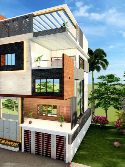 A daytime render from a different angle, set in a lush green environment.