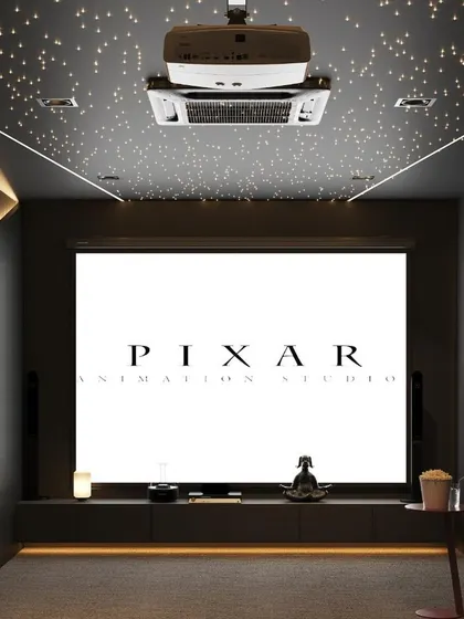We create the ultimate cinematic experience right in your home. This render of a dedicated home theater shows our expertise in designing entertainment spaces, complete with a large projector screen, surround sound setup, and a fiber-optic starfield ceiling to set the perfect mood for movie night.