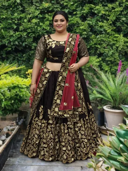 Make a bold and beautiful statement in this black and gold plus-size lehenga. The rich black fabric provides a stunning contrast to the heavy gold foliage-patterned embroidery, creating a truly royal look.