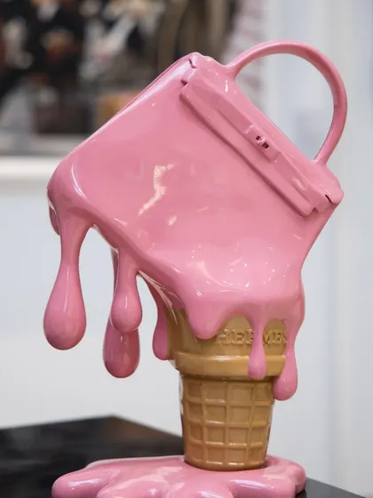 My "I Scream Kelly" sculpture in vibrant pink. This piece is a bold fusion of sweet nostalgia and luxe desire, where the iconic Kelly bag melts into a playful ice cream cone.
