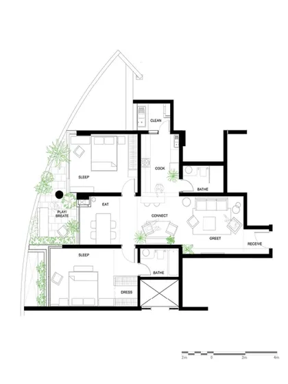 The floor plan for our 'Reweave Stories' apartment renovation. The drawing shows our key interventions, like opening up the kitchen and enclosing the verandah, to create a more functional and connected living space.