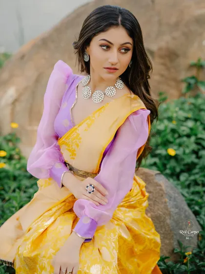 A close-up of Sanjana Rao, showing the delicate texture of the organza blouse against the rich brocade of the yellow saree.