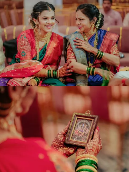 A heartwarming collage showing the bride with her mother and a close up of a cherished family photo, highlighting the importance of family.