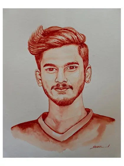 A solo male portrait in blood, with a focus on the modern hairstyle and clean-shaven look.