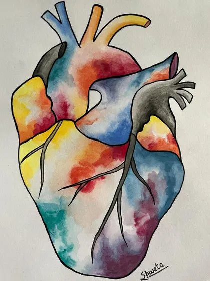 A watercolor painting of an anatomical heart. I used a spectrum of colors to represent the complex emotions and vitality that the heart symbolizes.