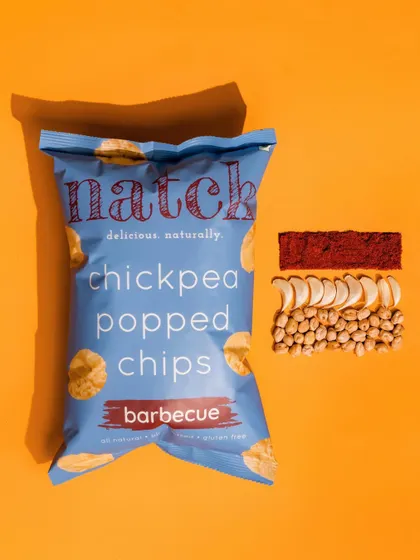 Some crazy stuff for Natch Snacks. This is a deconstructed flat-lay, showing the chickpea popped chips alongside their core ingredients: chickpeas, cashews, and barbecue seasoning.