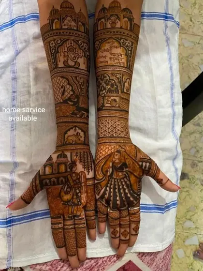 This design tells the story of a wedding, with bride and groom portraits, a doli scene, and other traditional wedding elements.