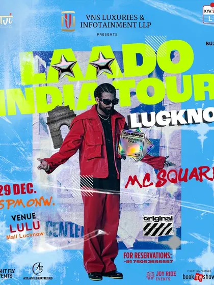 This poster for MC Square's 'Laado India Tour' at Lulu Mall showcases a vibrant and modern design. I ensure the promotional materials reflect the artist's unique brand and appeal to their target audience.
