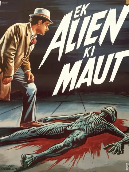 The poster for 'Ek Alien Ki Maut', designed in the style of a classic Indian pulp-noir thriller. The dramatic typography and painted style are key elements.