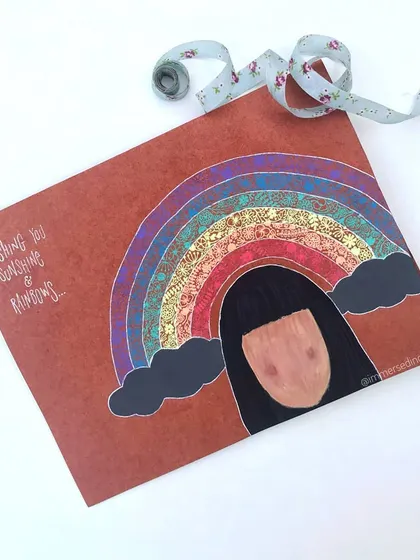 I created this birthday card for a little girl, taking inspiration from one of my journal entries. The design features a doodled rainbow over a simple illustration, with a hand-lettered wish.
