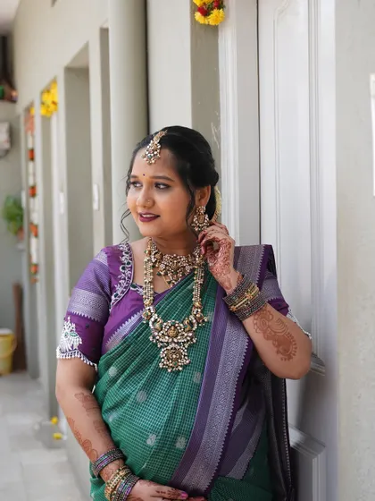 Another lovely shot of Parinitha at her baby shower. The blouse was designed for comfort without compromising on style and tradition.