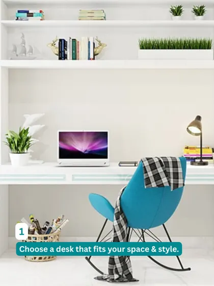 The first step to a great home office is choosing a desk that fits your space and style. This setup features a clean white desk with a comfortable, modern rocking chair.