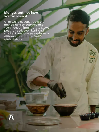 The connection between a chef and their food is personal. Here, Chef Goku puts the finishing touches on a dish from his 'Mango Forward' menu, a pop-up that explored the mango's global story from peel to seed.