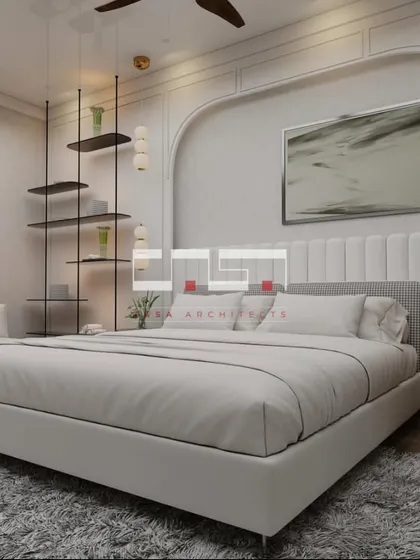 A sophisticated bedroom render with a tall white fluted headboard, minimalist shelving, and a large, soft rug that adds texture and warmth.