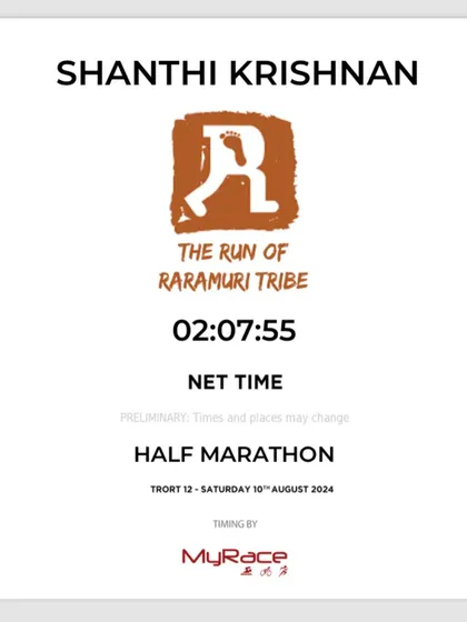 My official time for the TRORT 12 Half Marathon. Every race gives you data and learnings to take into your next training block.