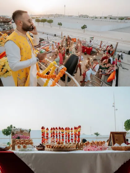 A split image showing the groom on the phone while the party goes on, and a detailed shot of the beautiful food spread.