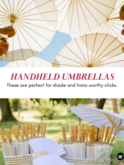 For sunny outdoor weddings, we provide thoughtful details like handheld paper umbrellas for guests, which provide shade and make for great photos.