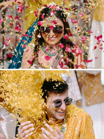 A diptych of the bride and groom being showered with different colored flower petals, capturing their happy reactions.