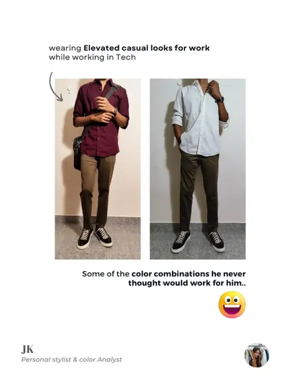 Manas, a software developer, wanted to elevate his work style. We created relaxed yet upgraded looks with new color combinations he never thought would work for him, boosting his style confidence.