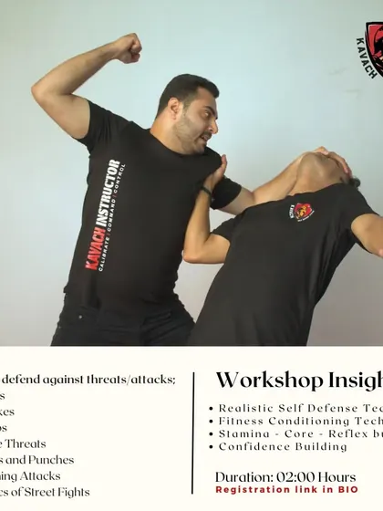 A graphic detailing a workshop for men, covering defenses against holds, chokes, and street fight basics.