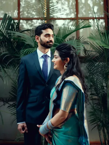 A smiling couple poses for a classic portrait against a backdrop of lush green plants.