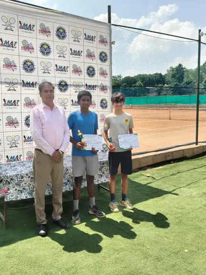 Svar with his partner after finishing as a finalist in the AITA SS U-14 Doubles. Super Series events are highly competitive, and this is a great result.