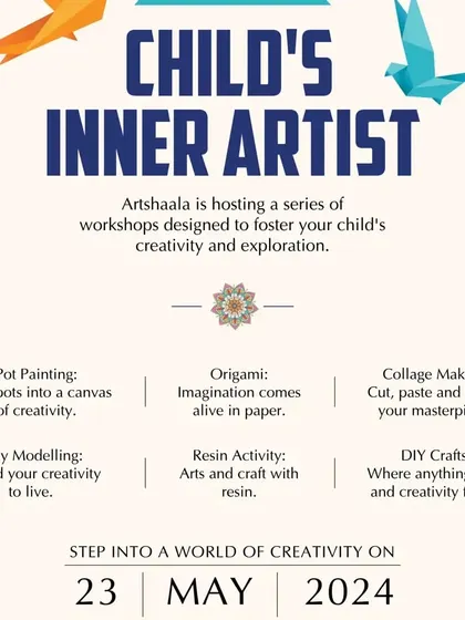 This is a promotional flyer for a series of children's workshops I hosted. I offer a wide range of activities, from pot painting and origami to clay modeling and DIY crafts, to foster creativity in young minds.