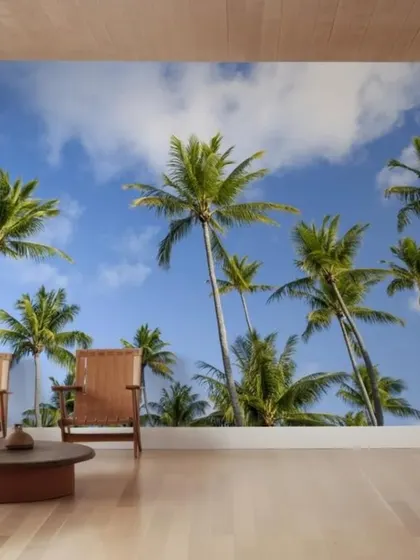 Bring a clear blue sky and towering palm trees into your space with this photo-realistic mural. It creates an instant feeling of openness and relaxation, perfect for a break room or waiting area.
