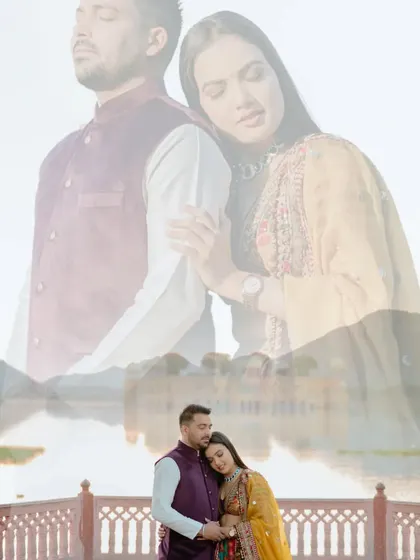A creative double-exposure shot, blending an intimate portrait with the stunning landscape of Jal Mahal. This artistic technique adds a unique and dreamy quality to your pre-wedding album.