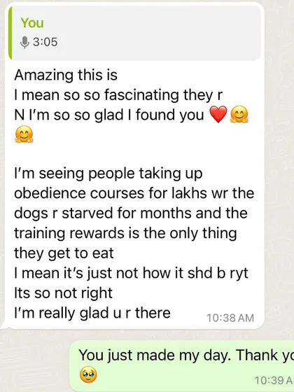 This message from Priya, a professional groomer and client, made my day. She's seeing huge changes in her multi-dog household after just a few weeks of my online program. It breaks my heart to hear about harsh training methods, and this feedback motivates me to keep advocating for kindness.