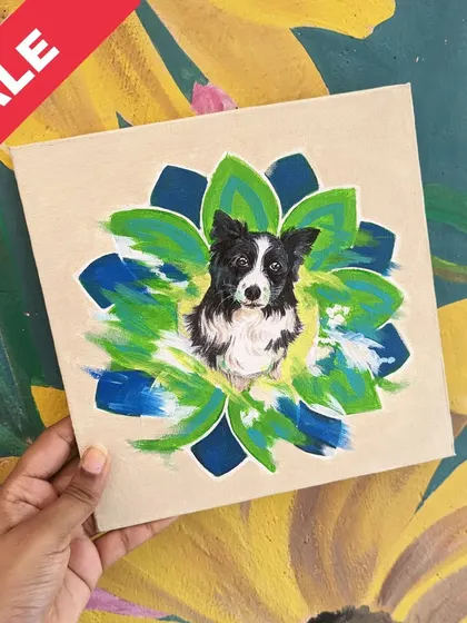 A beautiful Border Collie portrait set against an abstract floral background. This acrylic painting combines a realistic pet portrait with a modern, artistic design.