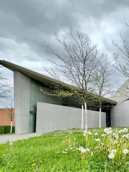 The sharp, angular forms of the Vitra Fire Station set against a soft, natural landscape. This contrast between the man-made and the natural is a powerful architectural device.