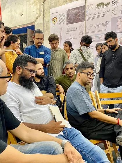 In deep discussion with students and fellow faculty at SEED Kochi. These intense review sessions are crucial for challenging students to think critically about their design proposals and the context they are working in.