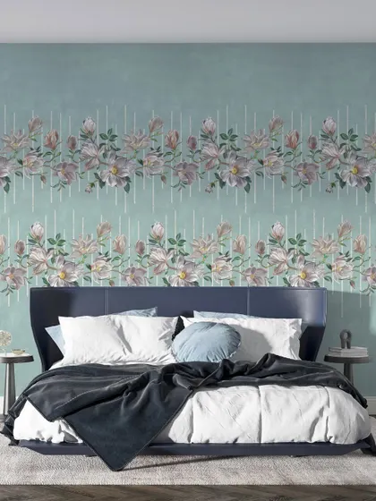 A beautiful floral border design on a serene aqua background. This wallcovering from the Florina collection is perfect for creating a peaceful and elegant atmosphere in a bedroom.