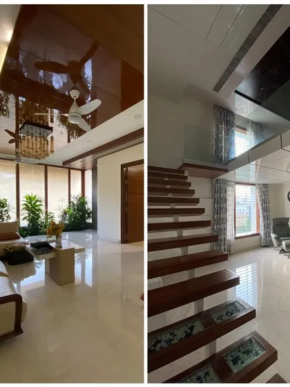This collage contrasts a bright, plant-filled living room with a reflective ceiling and a view of a glass-floored mezzanine level with a floating staircase.