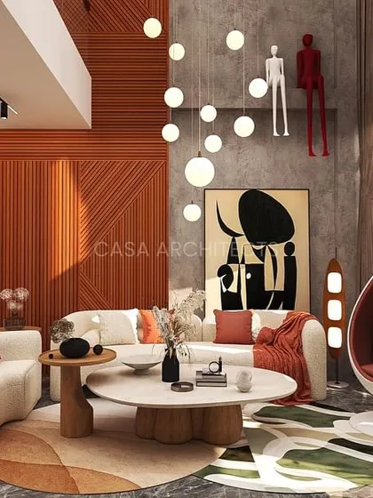 A vibrant and artistic living room concept with a high ceiling, a unique hanging egg chair, and a bold color palette of white, orange, and black.