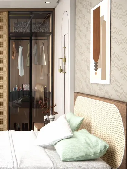 A close-up of the bed and wardrobe, showing the beautiful combination of rattan, wood, and glass.