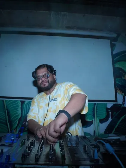 At the console during the Ashvij Experience, blending my tracks with live instruments.