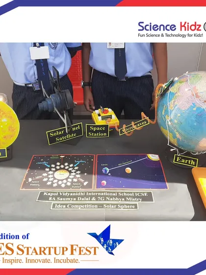 A closer look at the "Solar Sphere" project that won at the NES Startup Fest. This model demonstrates how solar energy can be captured in space and transmitted to Earth, a testament to the students' research and building skills.