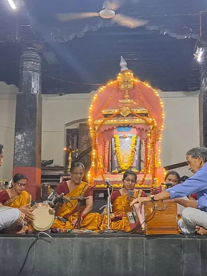 Musicians performing keertanas during a pallaki seva at the Vittal temple in Kundapura.