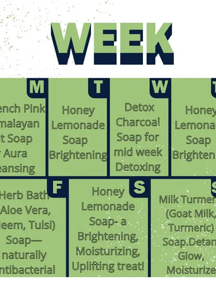 Our weekly bath ritual guide. We suggest a different soap for each day to target specific needs, from aura cleansing with French Pink Salt to detoxing with Charcoal.