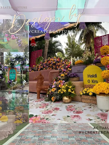 A collage showing the design and actual shot of a colorful Haldi and Sangeet backdrop, filled with flowers and quirky props.