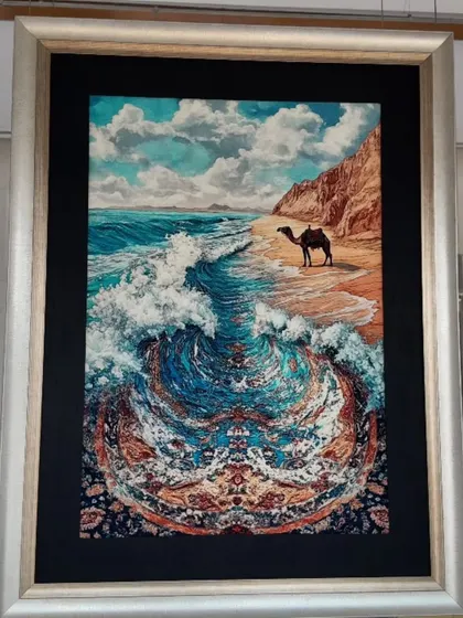 An artwork from 'Carpeted Journey Within' that merges a seascape with intricate carpet patterns.