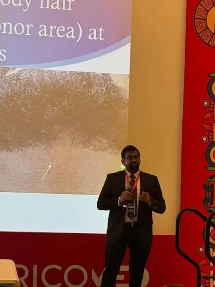 Here I am presenting my research and clinical findings at the Los Angeles Hair Restoration Course. My talk focused on advanced techniques in FUE hair transplantation, contributing to the high level scientific exchange at the conference.